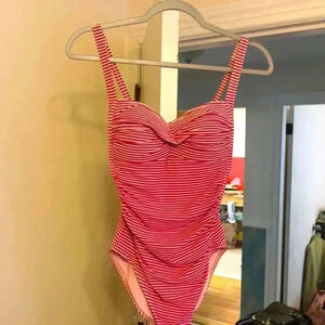 Bond-eye one piece bathing suit.  Pink and white pinstripe.  Size 6